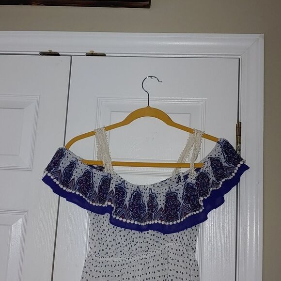 Jolt white blue off the shoulder boho top Sz XS - Picture 6 of 6